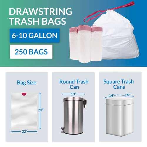 6-10 Gallon Trash Bags Drawstring | 250 Count | 22"x23" | 6, 8, 10 Gallon Drawstring Garbage Bags | White Trash Can Liners | Small - Medium