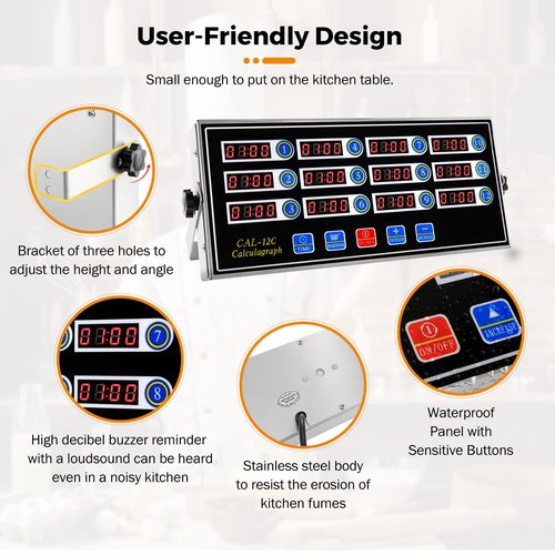 BEAMNOVA 12 Channels Digital Kitchen Timer for Cooking Loud Alarm Stainless Steel Clock Hours and Minutes Seconds Volume Control Electronic Calculator