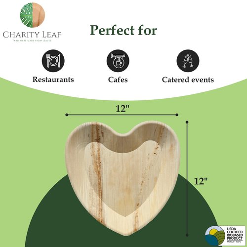 Charity Leaf Disposable Palm Leaf 12" Heart Plates (25 pieces) Bamboo Like Serving Platters, Disposable Boards, Eco-Friendly Dinnerware For Valentines, Weddings, Catering, Events