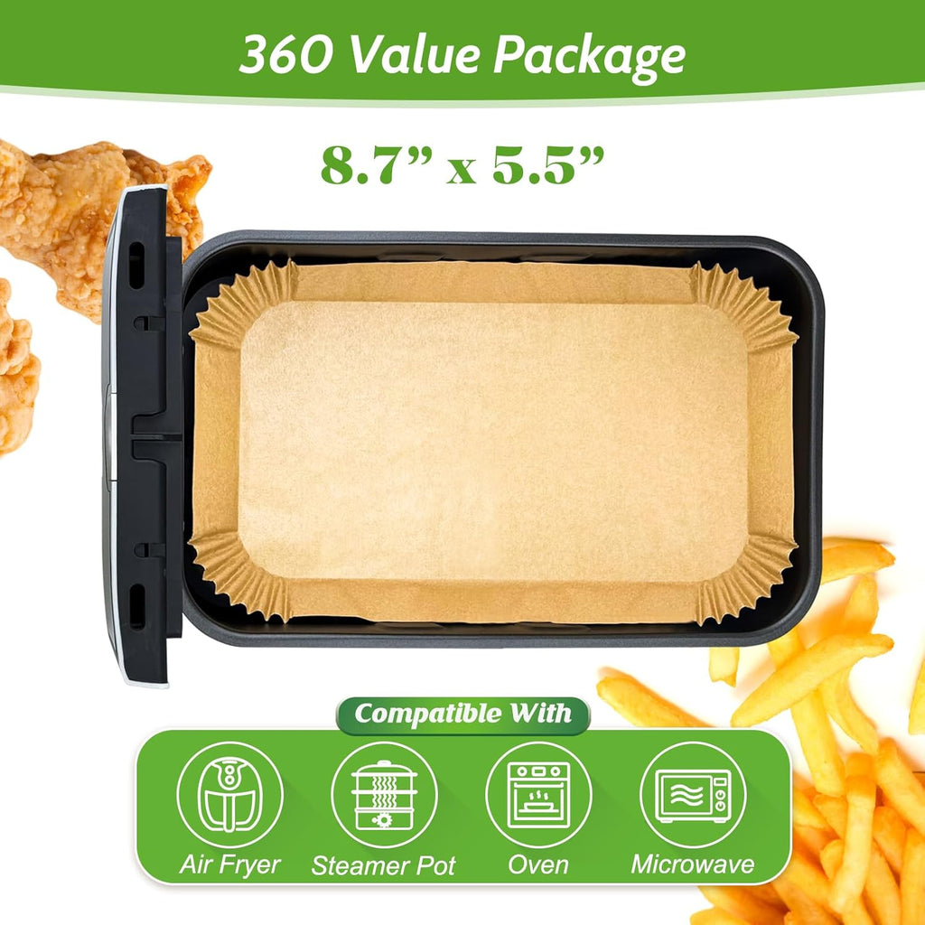 Unbleached Heavy Duty Air Fryer Paper Liners by [Brand Name] - 360 Pcs Non-Stick & Leak-Proof | 8.7" x 5.5"