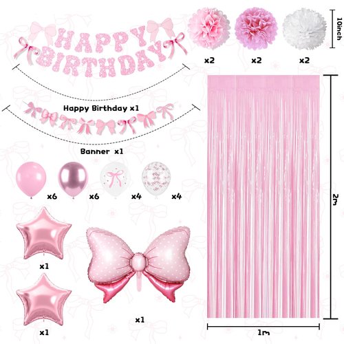 Pink Bow Birthday Party Supplies,Coquette Birthday Decorations,Include Pink and White Bow Balloons Happy Birthday Banner Fringe Curtain Tissue Paper Pompoms Garland