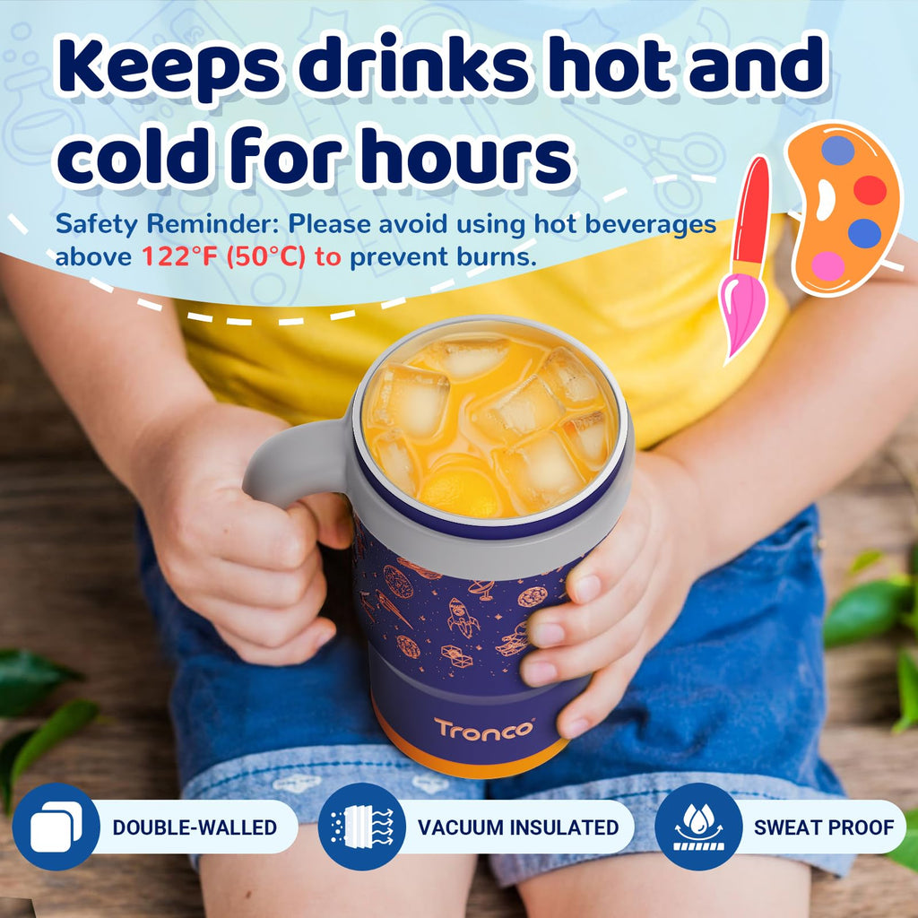 Tronco 14 oz Kids Insulated Tumbler with Handle & Spill Resistant Flexible Straw, BPA-Free Stainless Steel Toddler Cups with Lids, Splash-Proof Kid Drinking Cup Travel Mugs, Easy to Clean