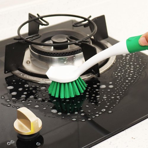 Dish Brush with Handle, 2 Pack Scrub Brushes with Built-in Scraper for Cleaning Kitchen, Pots, Pans and Sink, Scrubber Washing Tools, Green