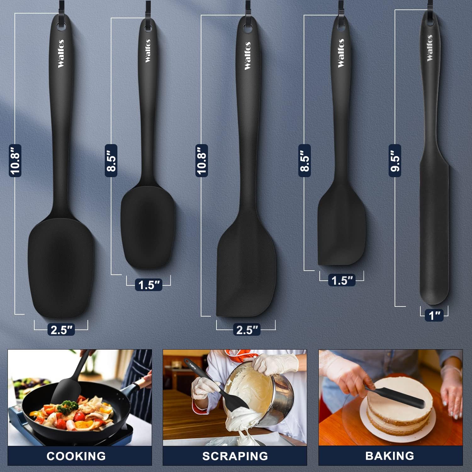 Walfos Silicone Spatula Set of 5 | High Heat Resistant Kitchen Scrapers - BPA Free, Dishwasher Safe, Black