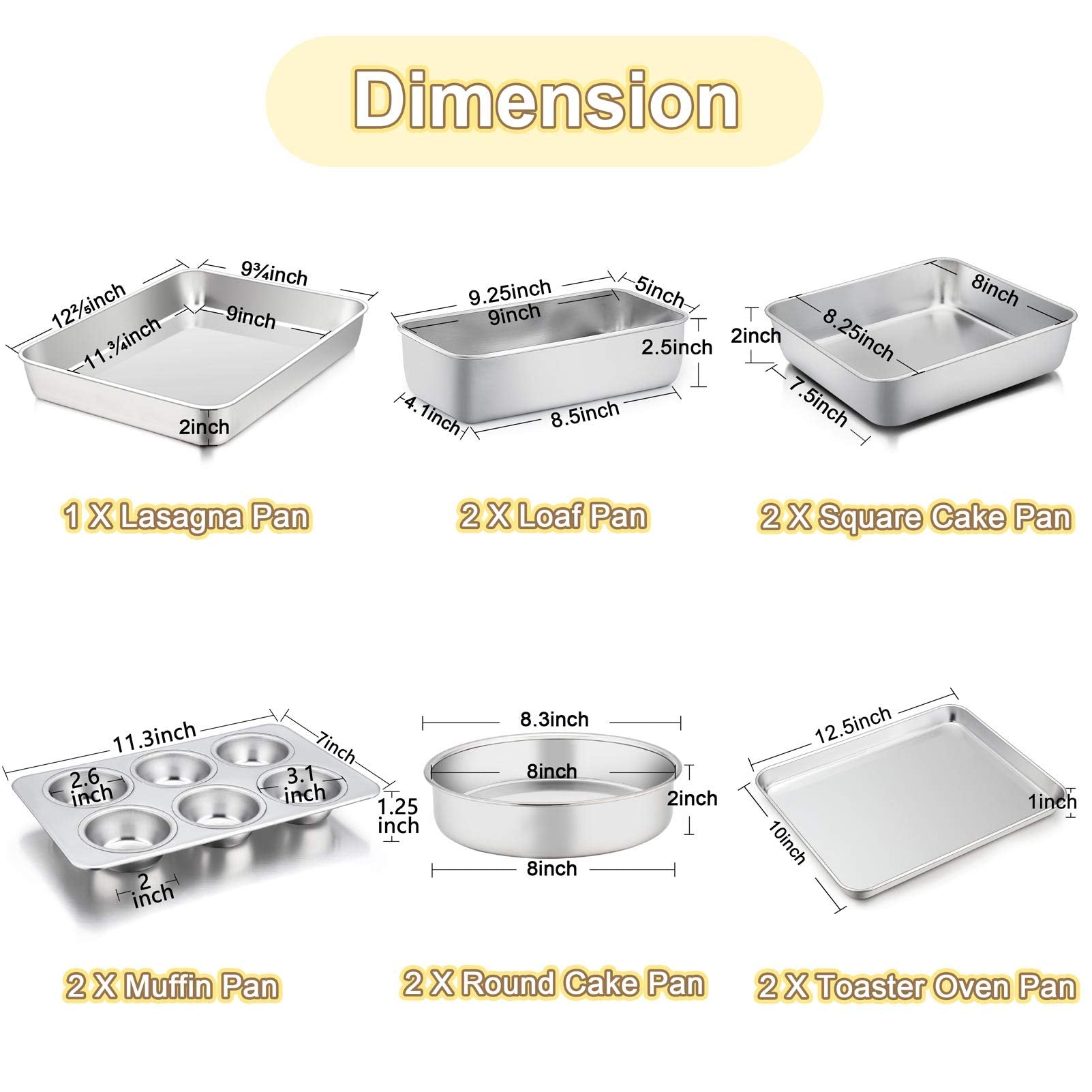 TeamFar Stainless Steel Bakeware Set of 11, Toaster Oven Baking Pan Set, Lasagna Pan, Square & Round Cake Pan, Loaf Pan & Muffin Pan, Healthy & Heavy Duty, Dishwasher Safe & Smooth