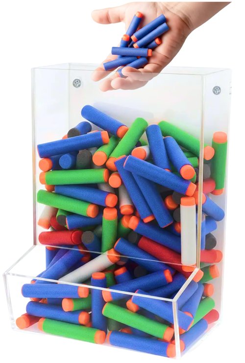 SimplyImagine Single Acrylic Toy Dispenser for Kids - High-Volume Toy Foam Blasters, Car & Building Block Storage Bin - Wall Mount or Countertop Clear Hanging Organizer for Nursery & Playroom