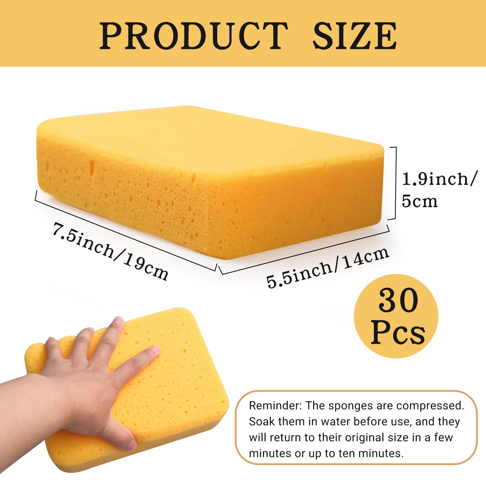30 Pcs Large Sponges Bulk 7.5 x 5.5 x 1.9 Inch Yellow Grouting Sponge Non-Scratch Scrubber Car Wash Thick Heavy Duty Scrub Sponges Multifunctional Sponge for Cleaning Dishes Car Tile Crafts Supplies