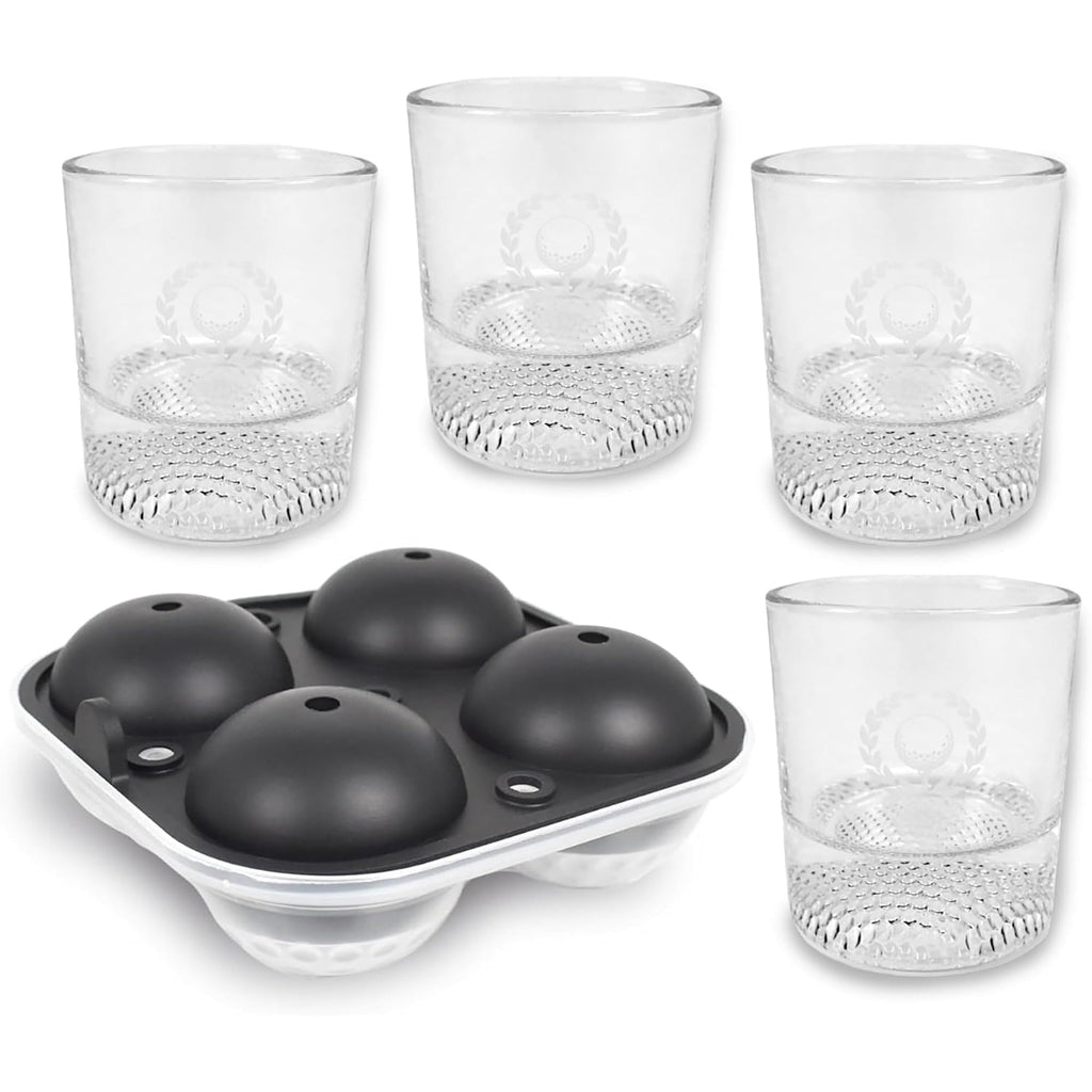 Izzo Golf Whiskey Glass Golf Ball Ice Set - Enjoy a Glass of Whiskey or Bourbon in a Rocks Glass with a Golf Ball Molded ice Cube, Golf Ball ice Cube Mold Included