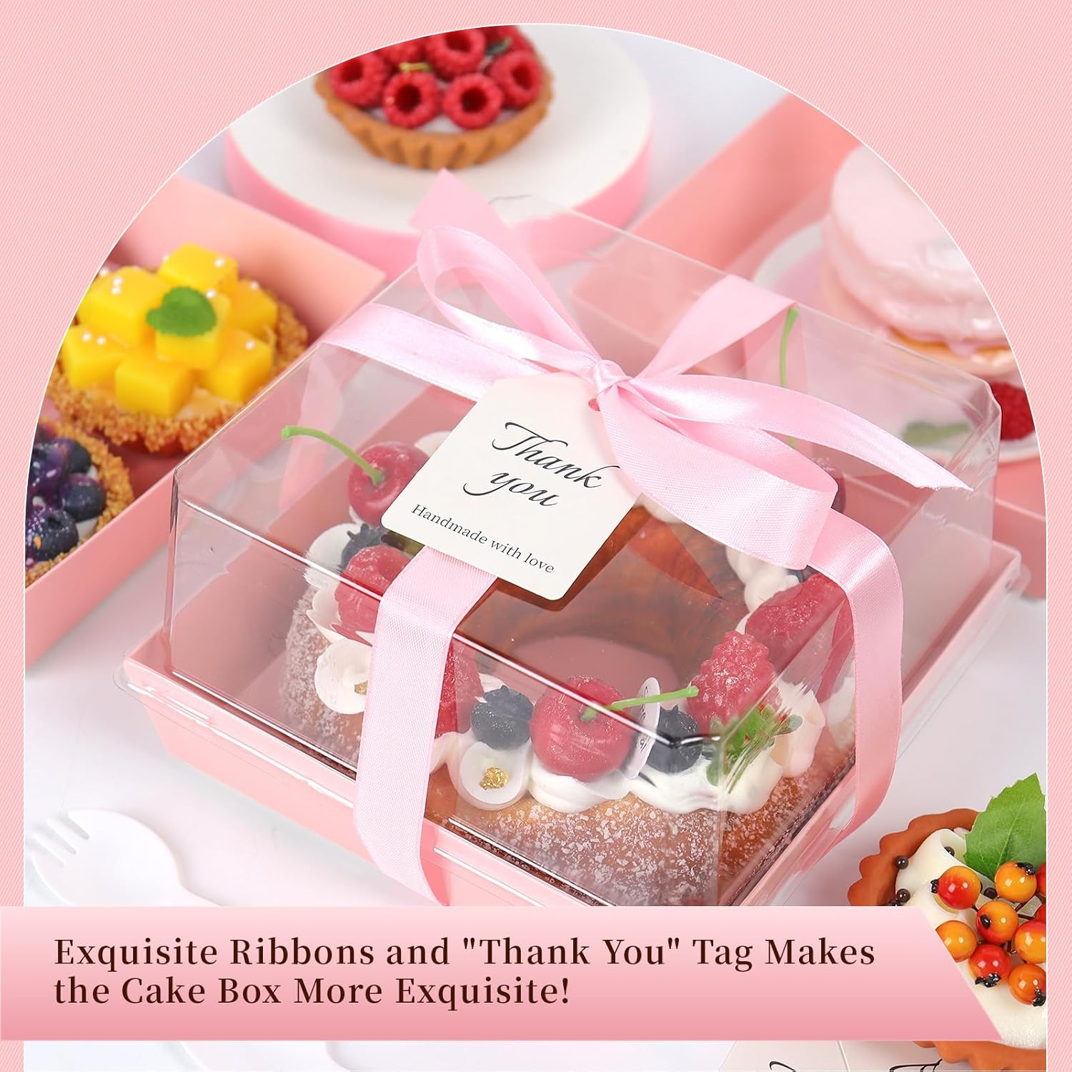 Regine Switzerland Paper Cake Boxes - 50 Pack Pink Large Charcuterie Containers | Clear Lids, 7x7x4 Inches for Desserts