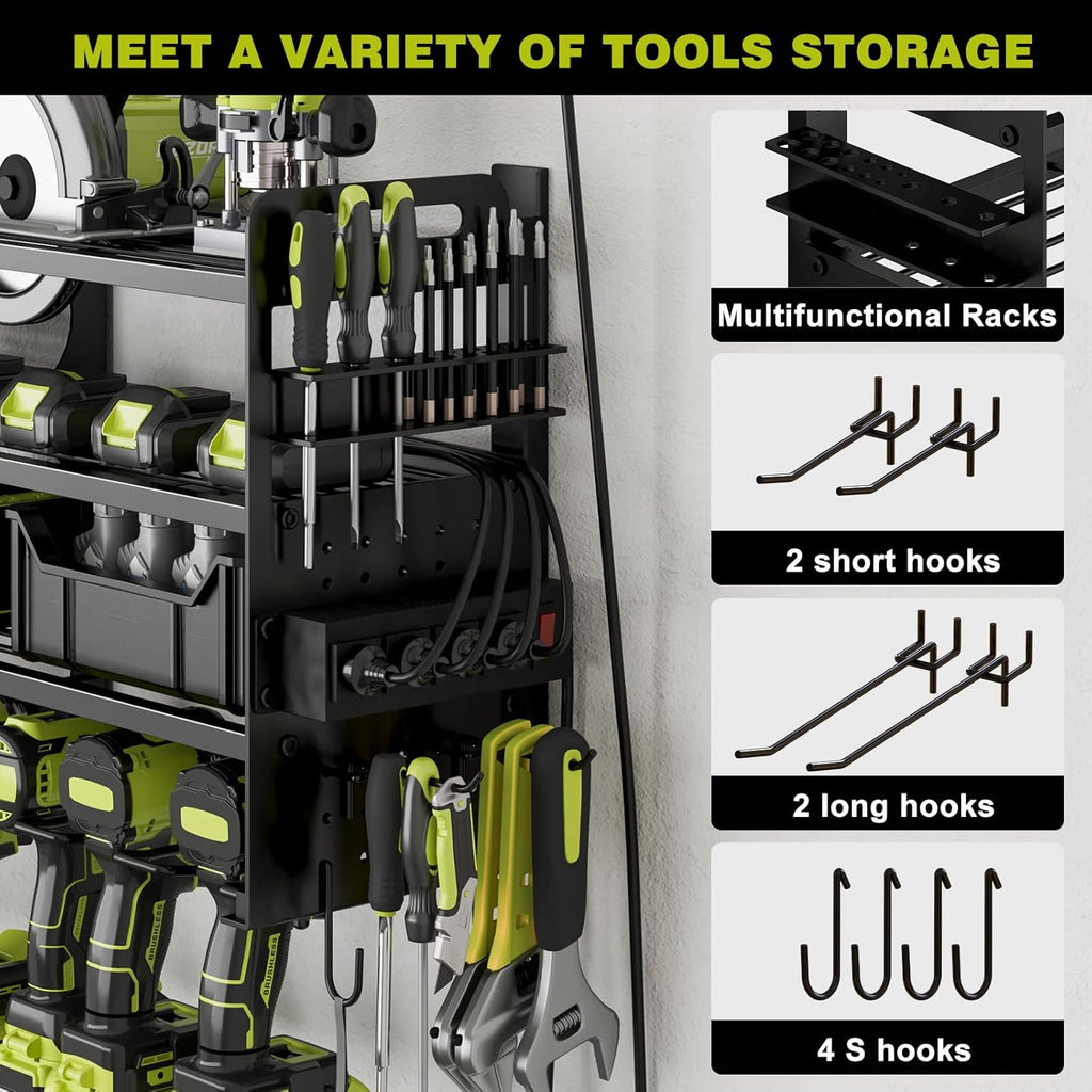 Skiennix Cordless Drill Holder - Heavy-Duty 4-Tier Tool Organizer with Pegboard & Power Strip | Wall Mount
