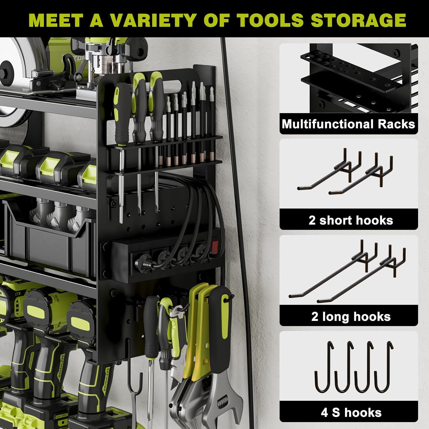 Skiennix Cordless Drill Holder - Heavy-Duty 4-Tier Tool Organizer with Pegboard & Power Strip | Wall Mount
