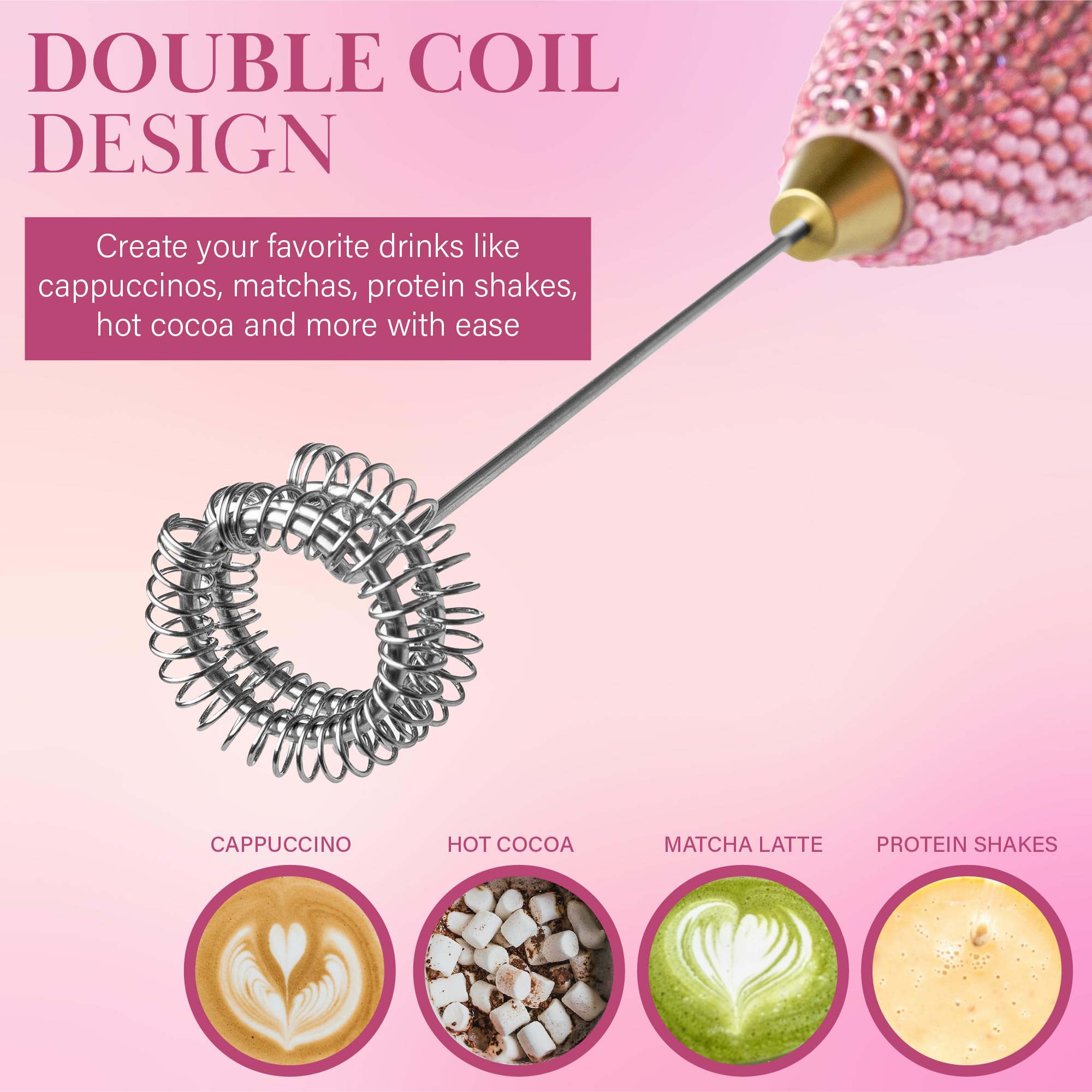 Paris Hilton Electric Rhinestone Handheld Milk Frother with Double Coil Head Whisk and Gold Metal Stand, Battery Powered (2 AA Batteries Required but Not Included), Pink