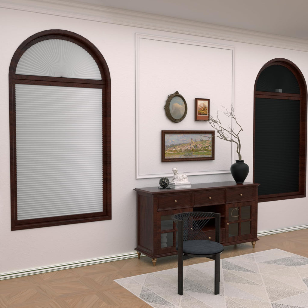 Myshade Arch Window Shades Half Circle Blackout Cellular Shades Cordless No Drill Blinds for Windows Half Moon Honeycomb Fabric No Tools Room Darkening Shades Easy Install (2PCS White 48" W X 24" H)