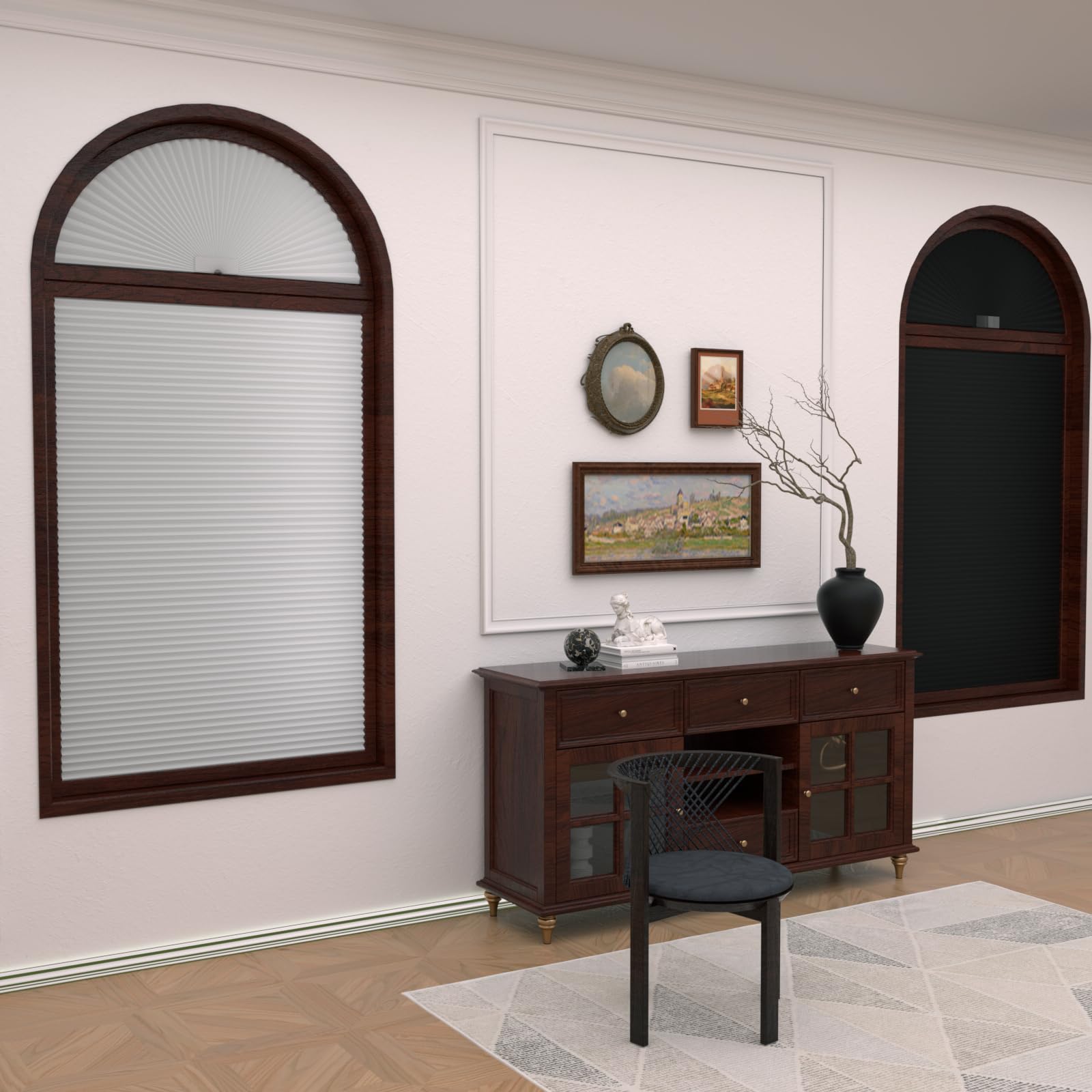 Myshade Arch Window Shades Half Circle Blackout Cellular Shades Cordless No Drill Blinds for Windows Half Moon Honeycomb Fabric No Tools Room Darkening Shades Easy Install (2PCS White 48" W X 24" H)