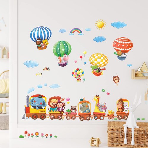 DECOWALL DA4-1406 Animal Train and Hot Air Balloons Kids Wall Stickers Wall Decals Peel and Stick Removable Wall Stickers for Kids Nursery Bedroom Living Room décor