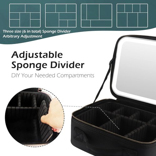MOMIRA Travel Makeup Bag | Lighted Mirror with Adjustable Brightness | Waterproof Organizer - Black