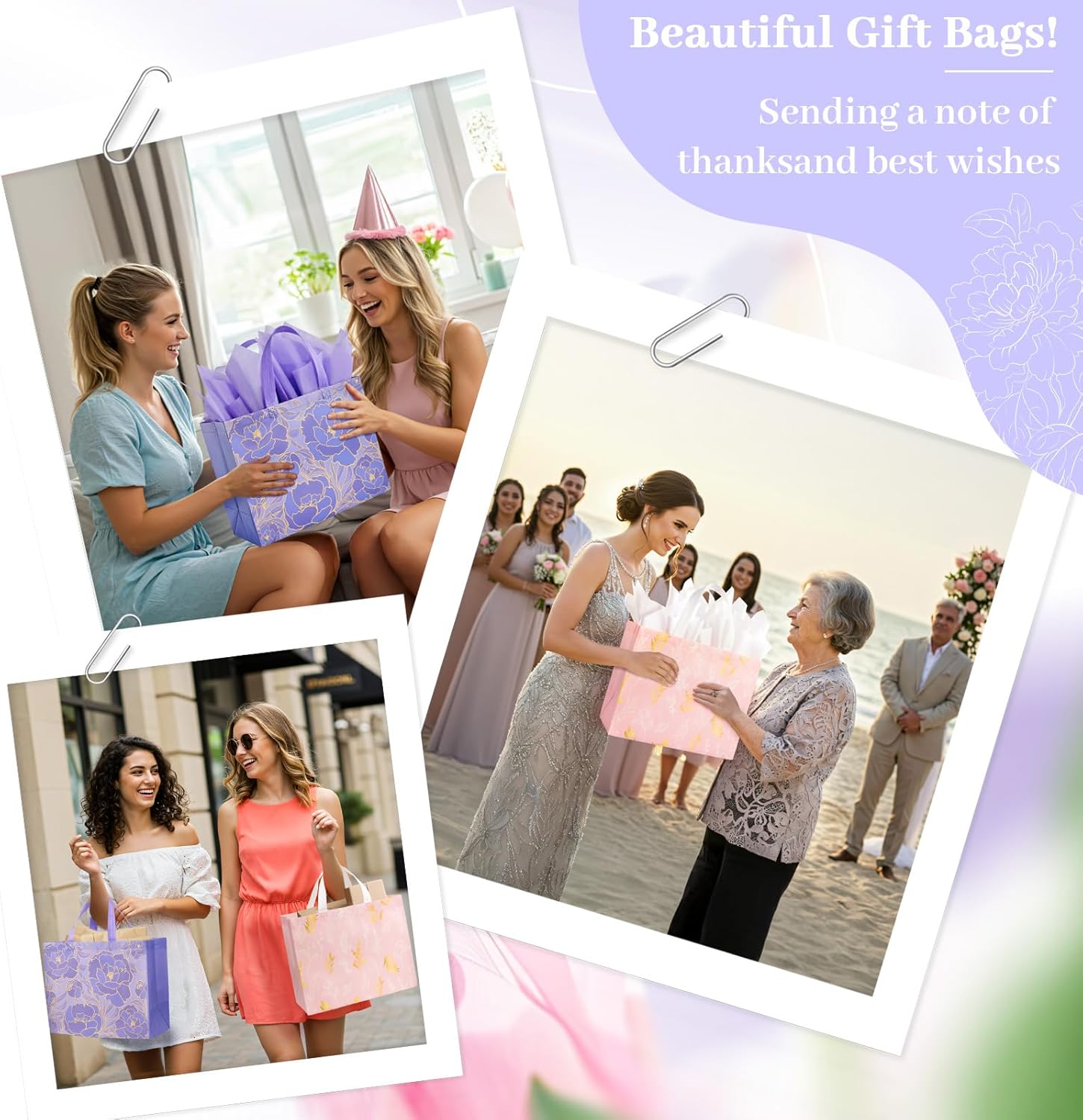 YANGTE 2 Pack 13" Large Reusable Gift Bags - Beautiful Design with Greeting Card & Tissue Paper for Birthdays, Weddings & Special Occasions