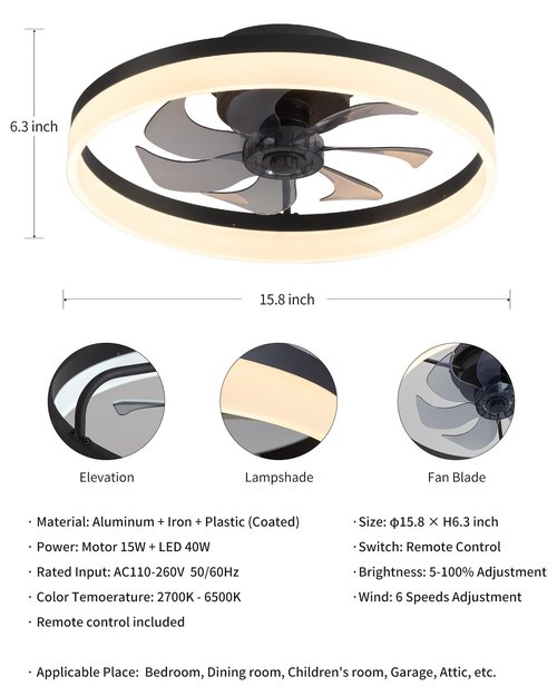PUSU 15.8" Low Profile LED Ceiling Fans with Light, Reversible Flush Mount with Remote and 6 Winds Speeds Fan Lighting, 3 Colors Dimmable for Bedroom, Garage, Kids, Dinning Room, Kitchen (Black)