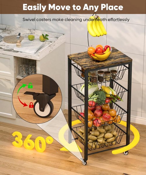Tigerden Fruit Vegetable Storage Cart for Kitchen, 5-Tier Vegetable Stand Rack with Pull-Out Fruit Baskets, Rolling Snack Cart with Wood Top & Banana Holder for Pantry, Living Room, Bathroom, Black