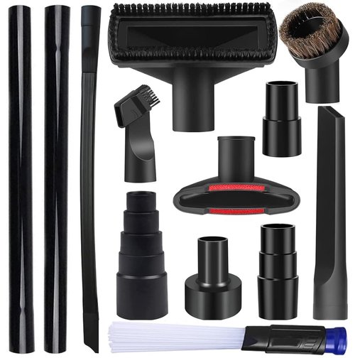 13PCS Universal Vacuum Attachment Kit Wet Dry Plastic Vacuum Hose Adapter 1-1/4" Vacuum Cleaners Accessories with Horse Hair Brush Extension Wand Flexible Crevice Tool Adapter for Shop Vac Accessories