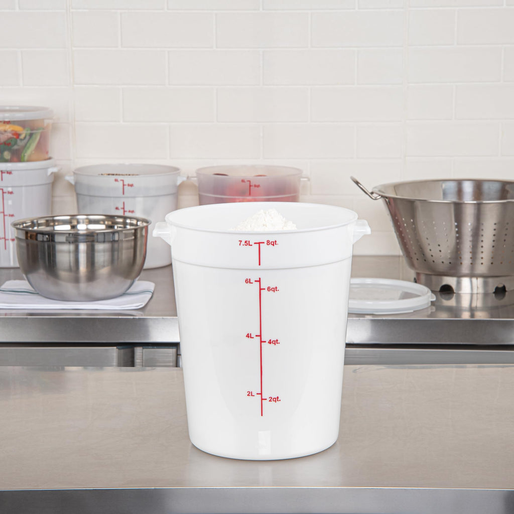 Restaurantware-Met Lux 8 Quart Food Storage Containers, 10 White Storage Containers - Lids Sold Separately, Red Volume Markers, Dishwashable Containers, Side Handles, For Storing Foods