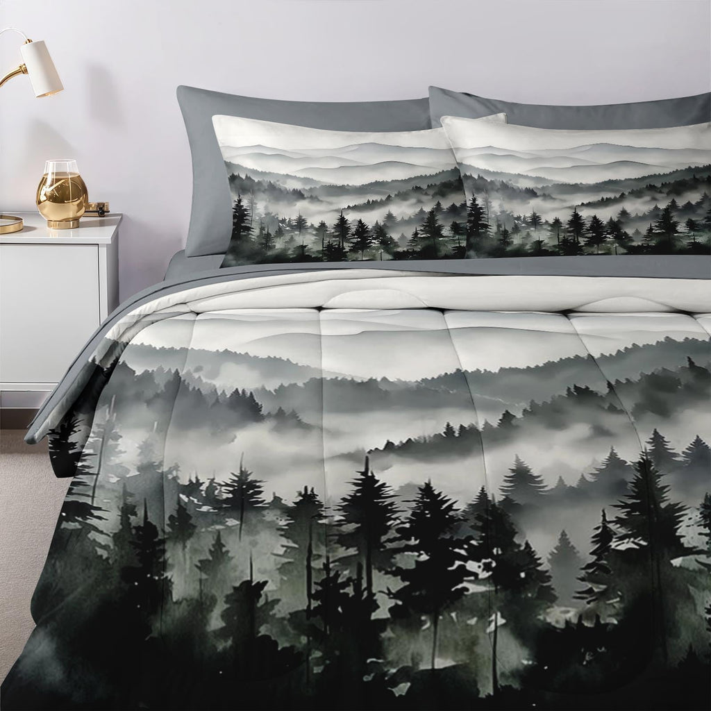 Nesker Comforter Set Queen Size, Ink Forest 7 Pcs Bedding for Kids and Adults, Misty Mountains Bed Sheet Sets with Fitted Sheet 2 Pillowcases & 2 Shams