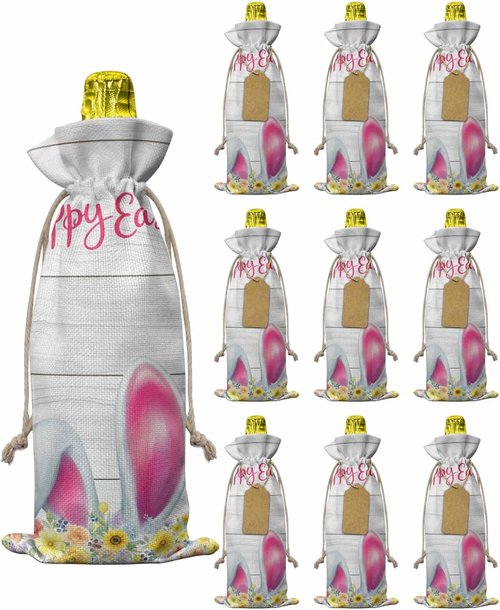 10pcs Linen Burlap Wine Bags with Drawstring Easter Wine Gift Bag with Tags Reusable Wines Bottle Cover Gift Bags for Birthday Tasting Party Supplies Spring Farmhouse Country Bunny Flower Wood Grain