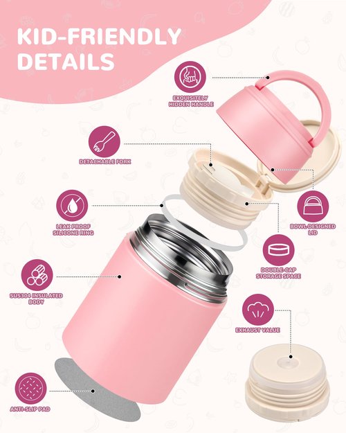 WXXM 10oz Soup Thermo for Hot Food Kids Insulated Food Jar with Spoon Wide Mouth Stainless Steel Lunch Container Leak Proof Vacuum Food Box for School Travel Picnic Pink
