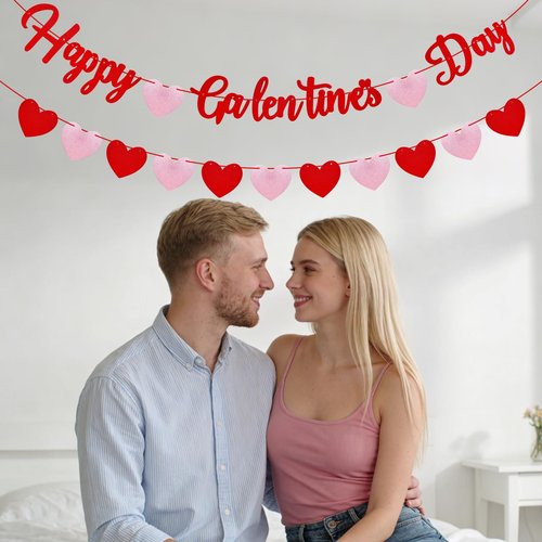 Happy Galentines Day Banner with Red Glitter and Pink Heart Garland Romantic Valentine's Decorations for Indoor and Outdoor Use Create Festive Atmosphere Love Theme