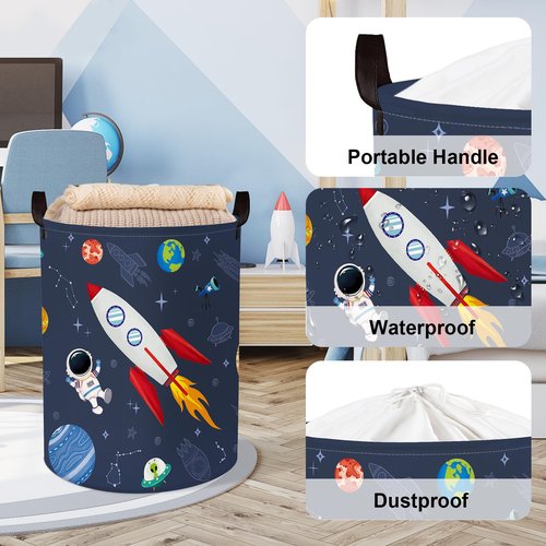 Clastyle 63L Cosmic Astronaut Rocket Laundry Hamper for Boy Large Large Collapsible Dirty Clothes Kid Laundry Basket Dark Blue Toys Storage Basket with Lid, 15.7x19.7 in
