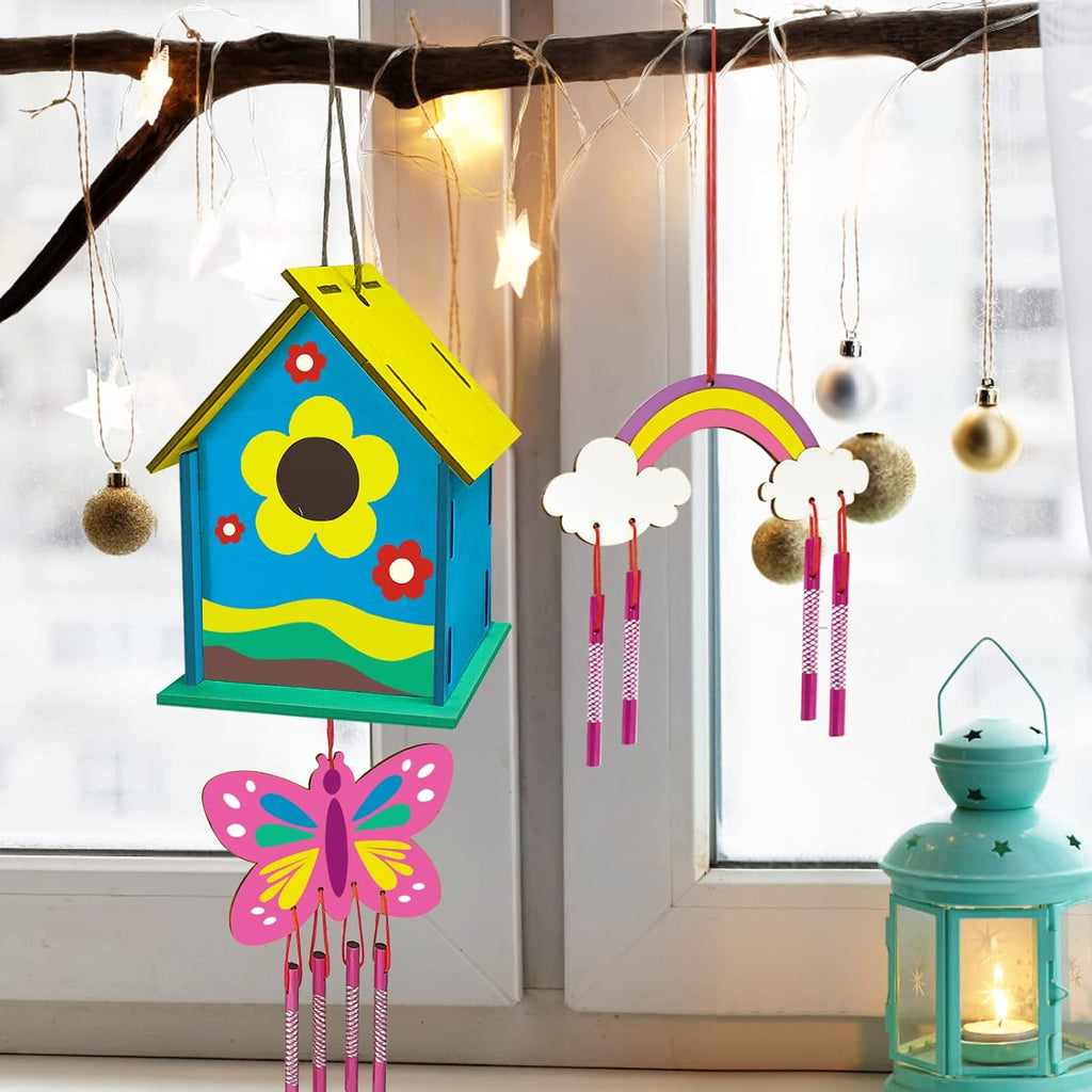 Skiennix DIY Bird House Kit - 4 Pack Wooden Arts & Crafts for Kids Ages 4-8 | Fun Build & Paint Activity
