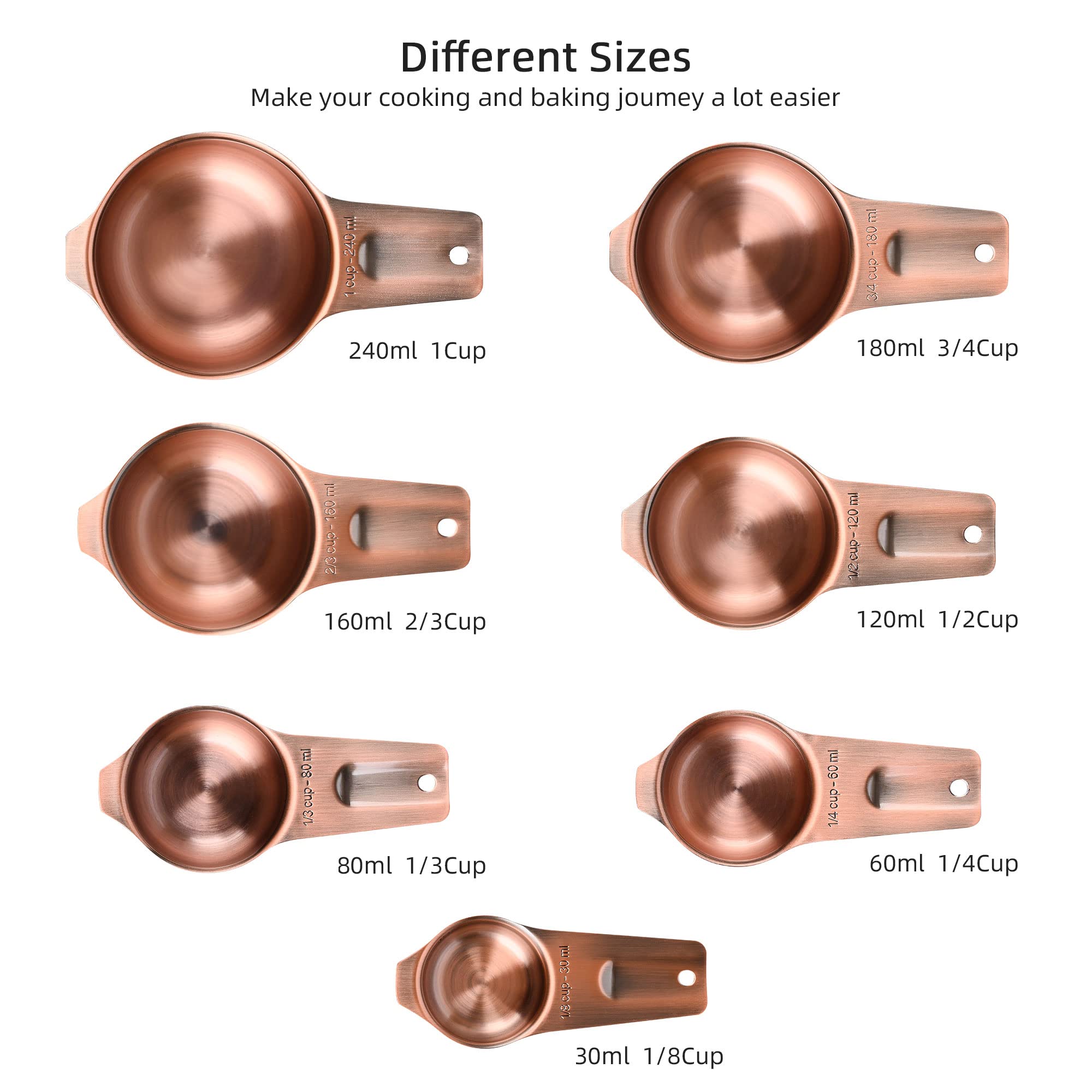 Smithcraft Copper Measuring Cups Set 7, Metric & US Stainless Steel Measuring Cups for Kitchen & Baking, Metal Measure Cups for Dry & Liquid, Nesting Measuring Cup Set with 1/8 2/3 & 3/4 Cups