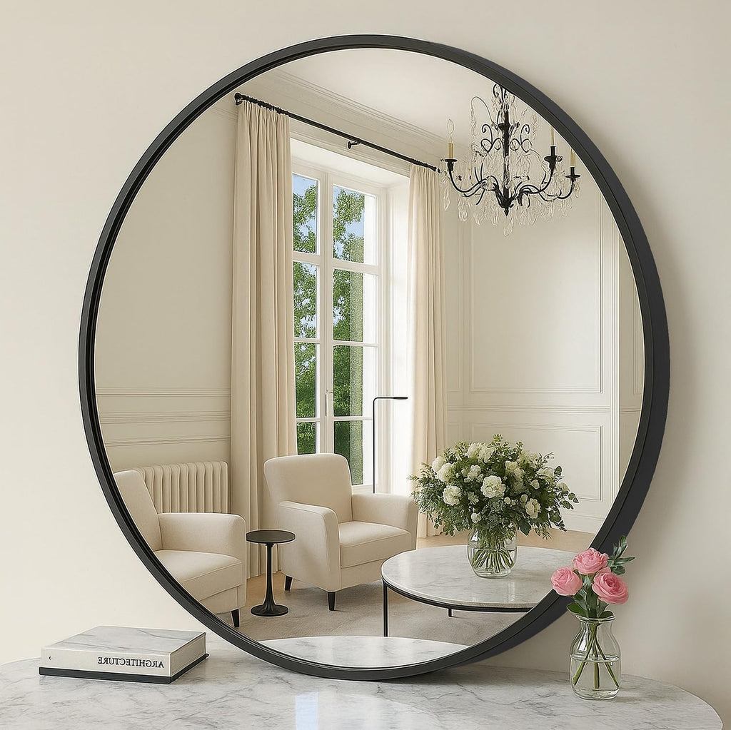 SONGMICS Bathroom Round Mirror for Wall, 24 Inches Black Circle Mirror，Metal Frame,for Bathroom Over Sink, Living Room, Bedroom, Entryway, Hallway, Ink Black ULWM102B01
