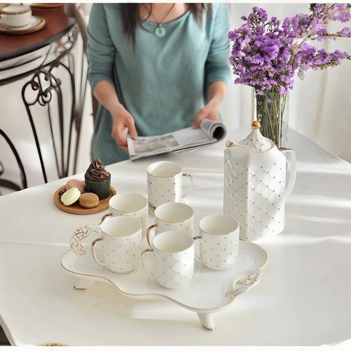 ASGDPGO 8-Piece Gold Dot Ceramic Royal Set for Home Use Wedding Gift with 6 Mugs Teapot and Tray for Afternoon Tea or Coffee，Gold Dot White
