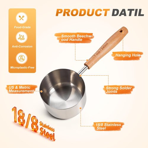 TREMENDRY 1PCS 1-1/2Cup(360ml | 12oz) Dog Cat Food Scoop, 18/8(304) Stainless Steel Measuring Cup with Wooden Handle, Etched Measurements Inside, BPA Free Portion Control for Pets & Kitchen Use