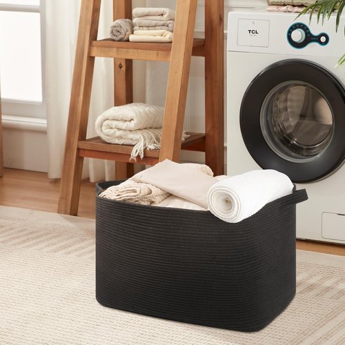 OIASKET 108L Extra Large Blanket Basket, 24.8" x 16.2" x 16.2" Rectangle Woven Storage Baskets for Living Room, Nursery, Bedroom, Toy Basket with Handle (Black)