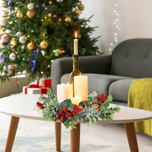 Daifunli Mini Wreaths - 8 Pcs 10 Inch Christmas Candle Rings with Red Berries & Eucalyptus Decor