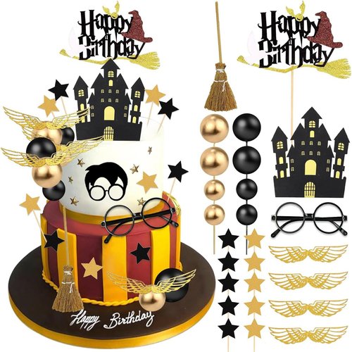 SWIMDOG 26 PCS Wizard Birthday Cake Topper Decorations, Wizard Party Supplies, Glitter Themed Cupcake Decorations
