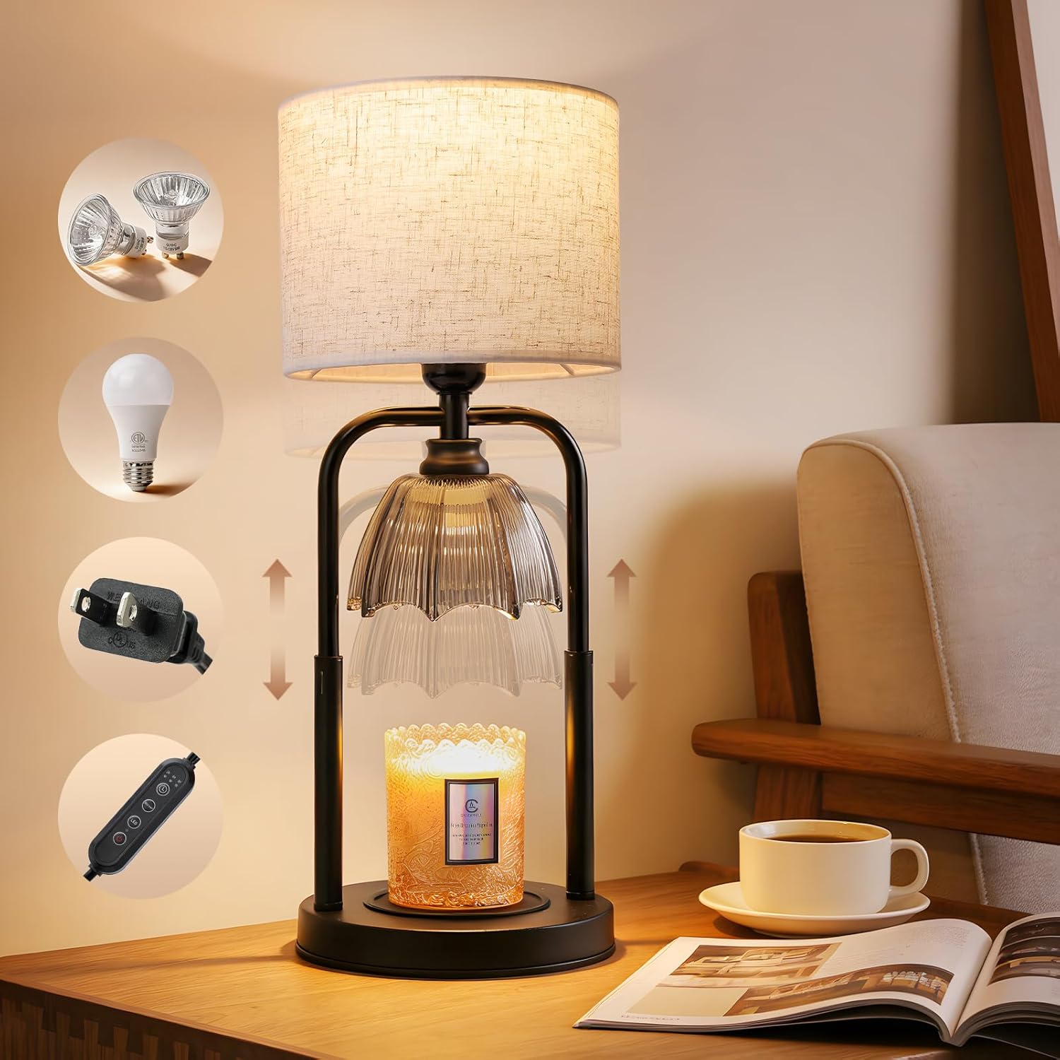 Skiennix Safe Candle Warmer Lamp - Flameless Electric Wax Melt Warmer for Large 3-Wick Candles | Adjustable Height, Timer, Black