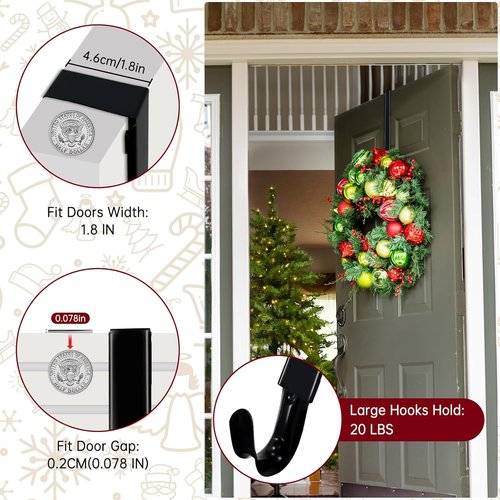 DZZ Adjustable Black Wreath Hanger - 15 to 25 Inch Door Hook for Christmas Decor | 20 lb Capacity