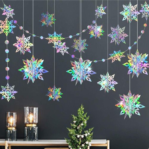 Cheerland Iridescent Snowflake Garland - Holographic 3D Decorations for Winter Onederland Party | Indoor Supplies