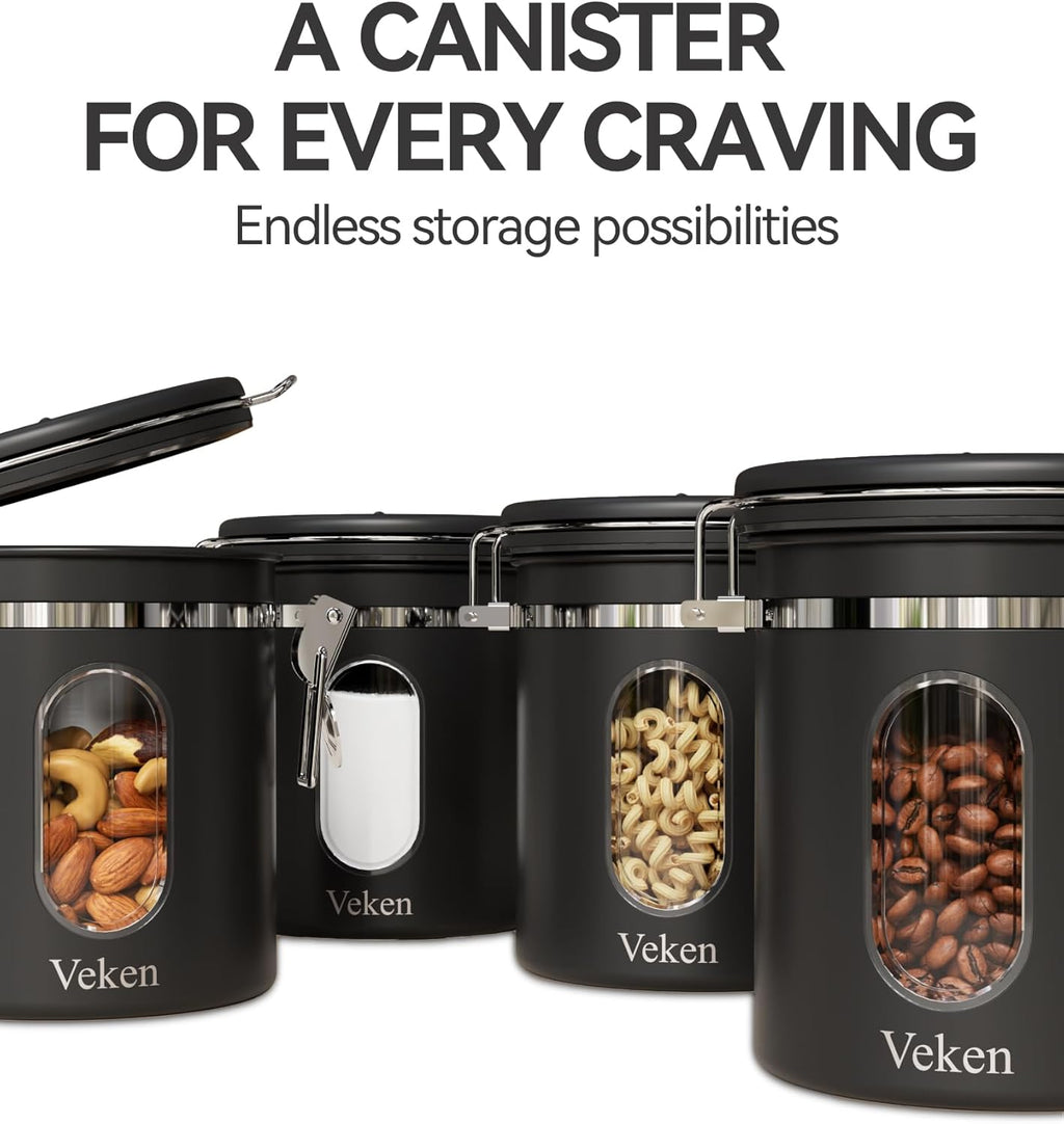 Veken Coffee Canister - Airtight Stainless Steel Food Storage Container with Window & Date Tracker | 16oz Black