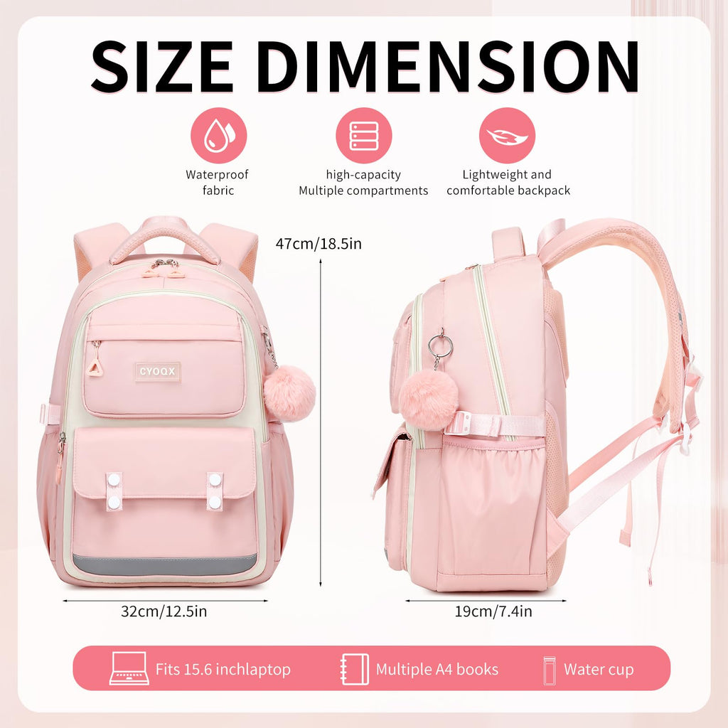 CYOQX School Backpack for Girls Cute Backpack Elementary Middle School High School Teenage Girls Schoolbag (Pink)