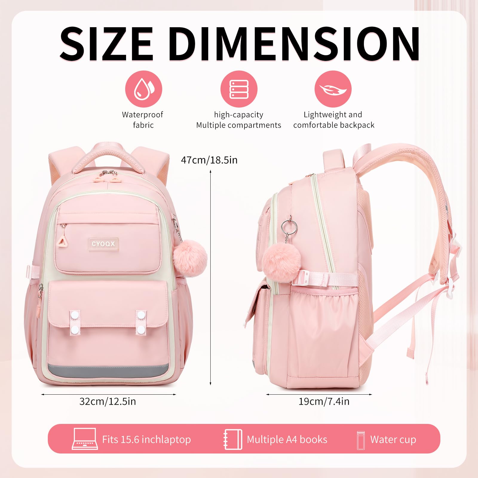CYOQX School Backpack for Girls Cute Backpack Elementary Middle School High School Teenage Girls Schoolbag (Pink)