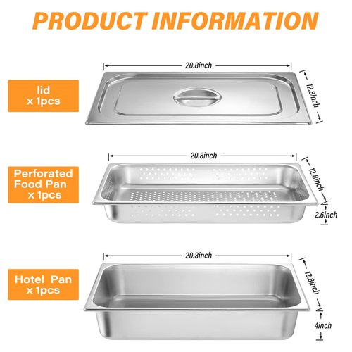 Ferraycle 3 Pack Full Size 2.6 Inch, 4 Inch Hotel Pan with Lid Perforated Steam Table Pan Restaurant Supplies for Kitchen, Steam Table Tray for Food Warmer