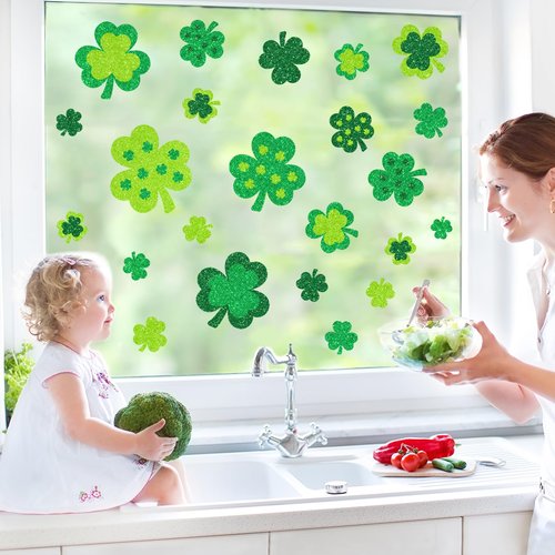 Whaline 9 Sheets Glitter Valentine' s Day St. Patrick' s Day Easter Window Clings Window Decal Heart Shamrock Egg Reusable Anti-Collision Windows Decor for Holiday Party Supplies