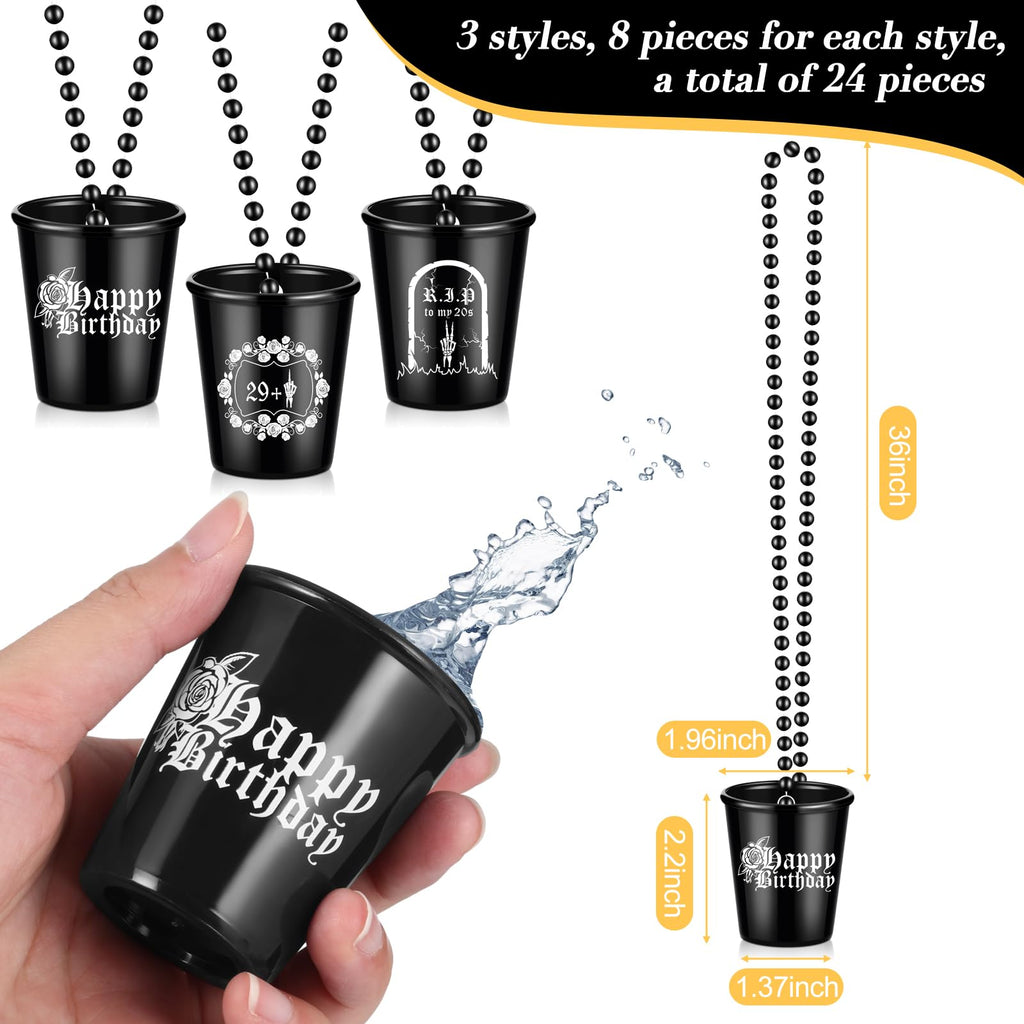 Sasylvia 24 Pcs Rip to My 20s Shot Glass Necklace Death to Twenties 30th Birthday Decorations Dirty Small Plastic Shot Cups Black Funny Birthday Party Favors Gag Gifts for Women Men Him Her