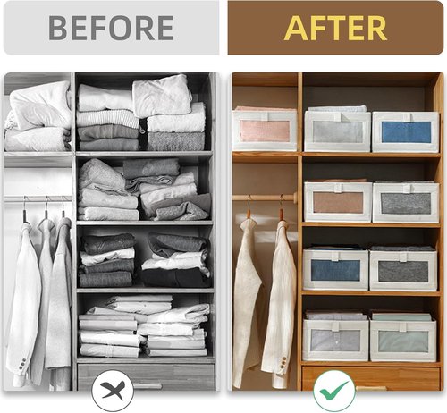 Linen Closet Organizers - 6 Pack Foldable Storage Bins with Clear Window for Clothing & Jeans