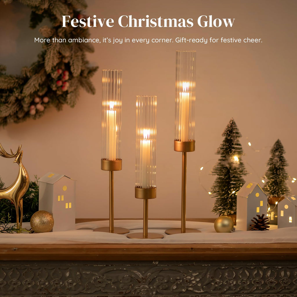 Glasseam Tapered Gold Candlestick Holders: 6 Pcs Tall Brass Taper Candle Holder with Ribbed Glass Cylinder - Hurricane Fluted Candle Holders for Table Centerpiece Wedding Party Christmas Decorations