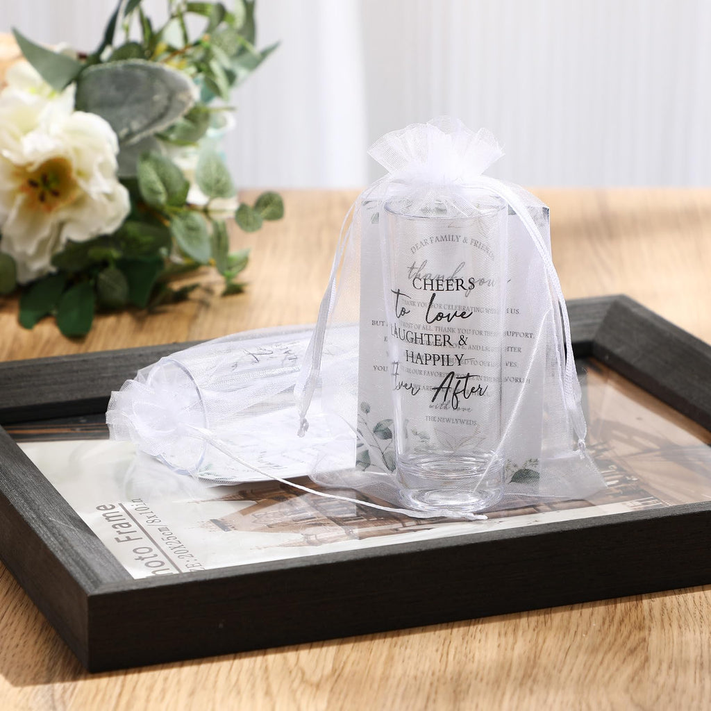 Sliner 100 Set Wedding Favors for Guests Bulk 2oz Acrylic Cheers to Love Shot Glasses with Thank You Cards Organza Bags for Guest Souvenirs (Cylinder,Cheers to Love Laughter and Happily Ever After)